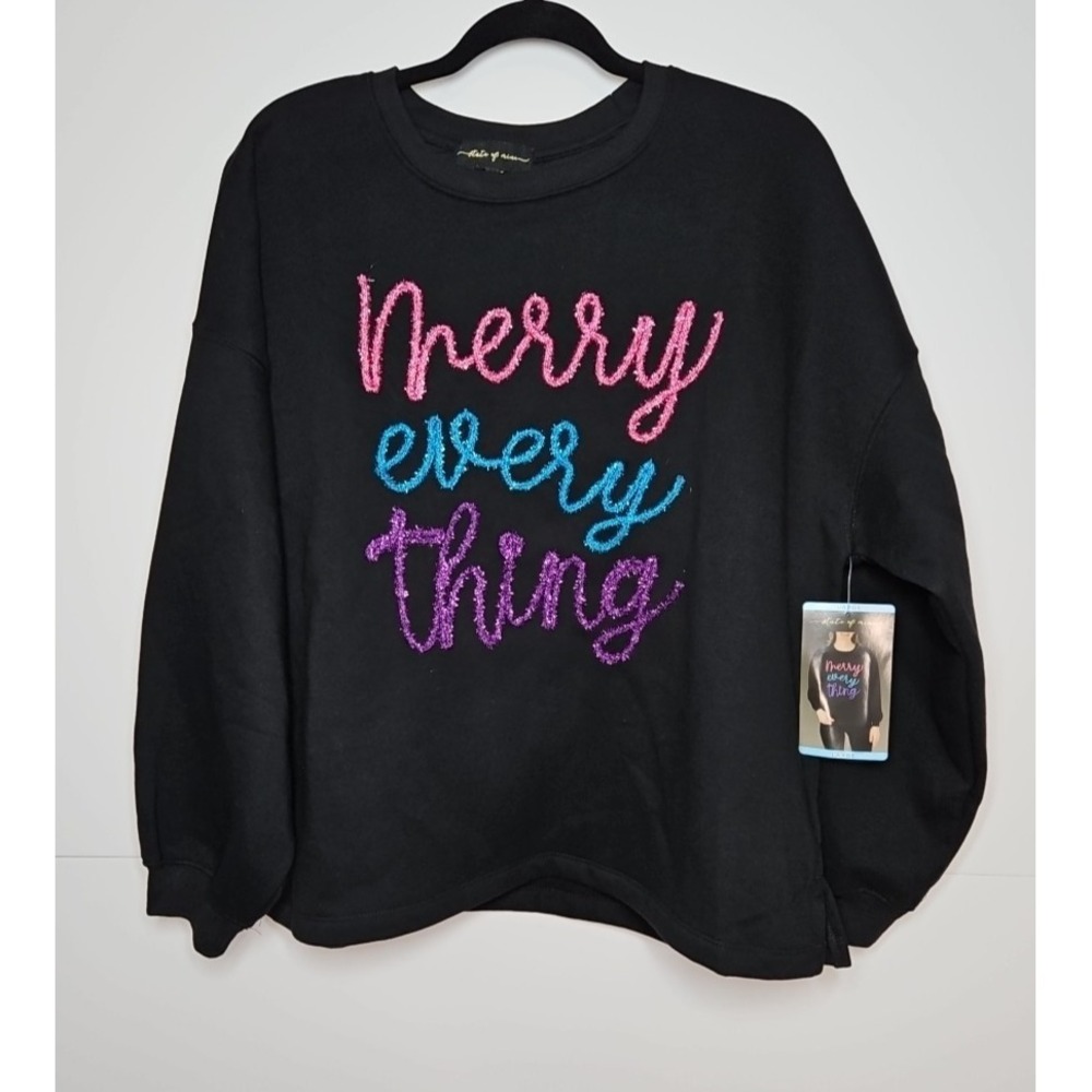 State‎ of Mine Merry Everything Christmas Sweatshirt Black Womens Large NWT